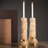 Pair of Desiree I Candle Holders in Gold Leaf or Brushed Brass, featuring large White Quartz points, handcrafted with a Brazilian soul.