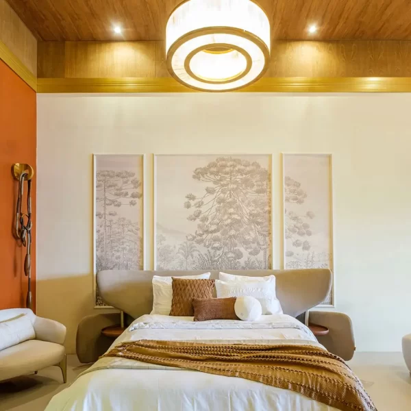 Dubai Selenite Lighting in a luxury bedroom, showcasing Warm Gold Leaf finish.