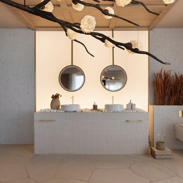 Luxurious Bathroom with Quartz Crystal Lighting.