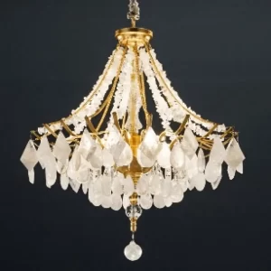 Vienna Delux 30" luxury crystal quartz chandelier with natural quartz strings and kite, white quartz on black background.