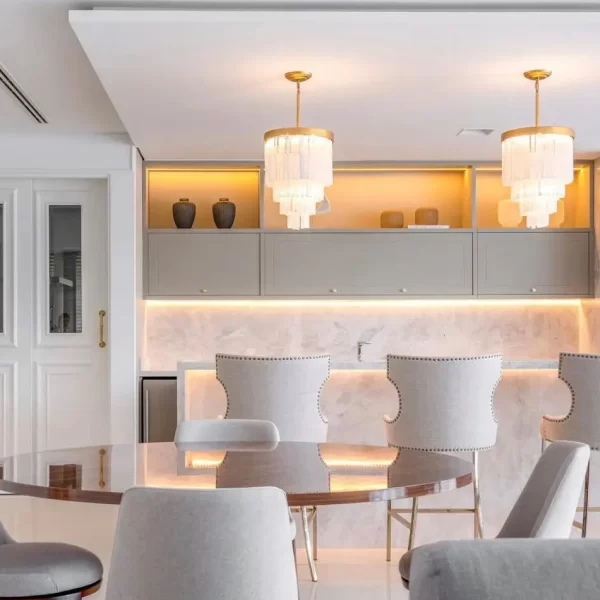 High ceiling room featuring a Petit London Natural Stone Lighting Fixture.