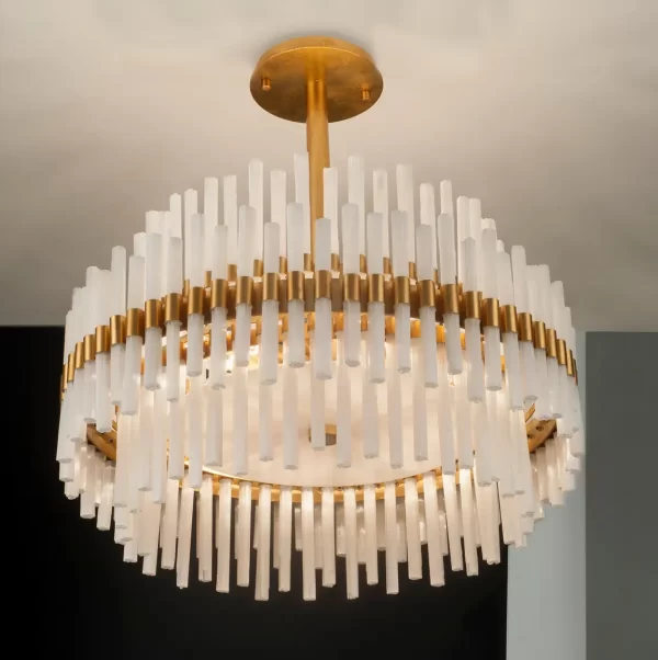 Paris Deluxe Selenite Chandelier in a neutral setting with a black background and Warm Gold Leaf finish
