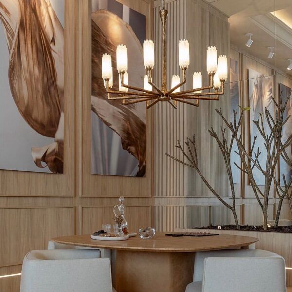 Different angle of a vintage ceramic chandelier, emphasizing its decorative impact in the dining room.