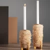 Par of Metal Gold leaf Candle Holder adorned with white crystals quartz and white background.