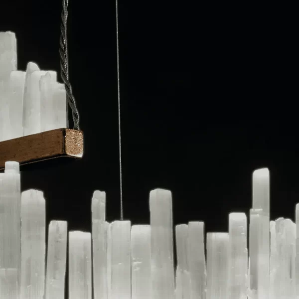 Close-Up of Handcrafted Natural Stone Detailing on Selenite LED Pendant Light Lisbon in Dark Silver Leaf Finish.