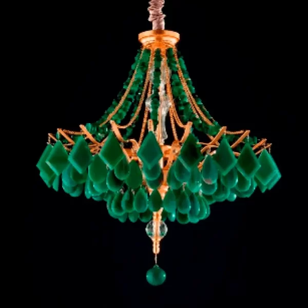 Crystal Quartz Chandelier Vienna Delux 30″ with green quartz and warm gold leaf and black background.