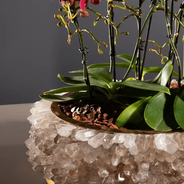 Desiree Center Piece in White Quartz and gold leaf adorned with cactus flowers, a fine object with a Brazilian soul, custom-made for unique interior design projects