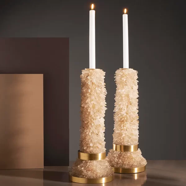 Pair of Desiree I Candle Holders in Gold Leaf or Brushed Brass, featuring large White Quartz points, handcrafted with a Brazilian soul.