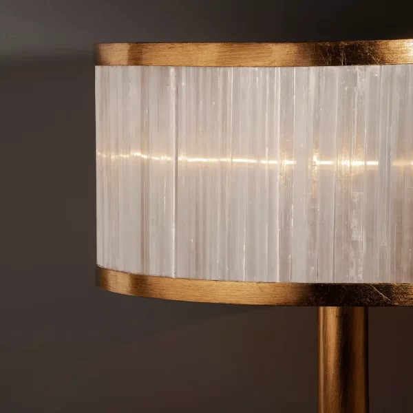 Close-up of Natural Stone Dubai Table Lamp showcasing intricate selenite rock splinters against a black background