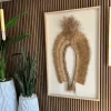 Indigenous Natural Fiber Headdress Antunes with Wheat and Shells in Freijó-Colored Frame on Textured Wood Wall with Snake Plant Vases