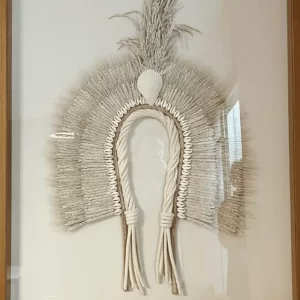 Close-Up of Handmade Headdress with Wheat Flowers and Shells in Freijó-Colored Frame with Double-Glass.