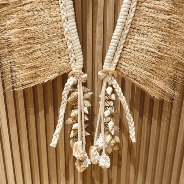 Close-Up of Lower Detail of Headdress, Indigenous Natural Fiber, Moreré on Wooden Profile Wall