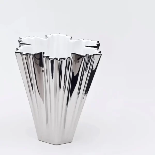 Details of a Single ICE I Fine Porcelain Vase with external painting in silver on a white background.