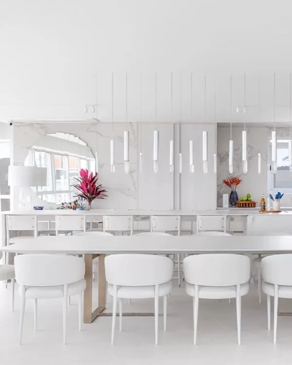 Set of Venice White Quartz, Silver Leaf displayed in a dining room. HOA31.