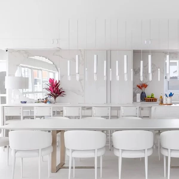 Set of Venice White Quartz, Silver Leaf displayed in a dining room. HOA31.