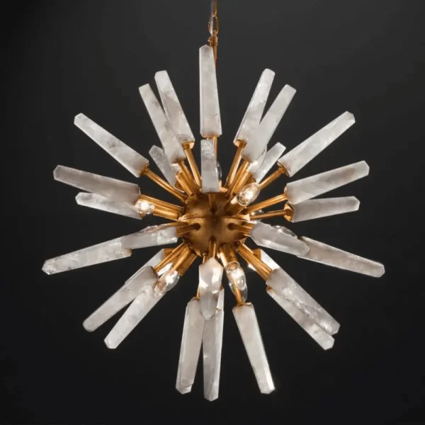 Luxurious Vancouver lighting fixture, white quartz arms, 800mm diameter, dramatic black backdrop.