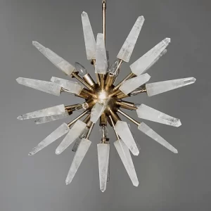 Mid-century inspired Vancouver chandelier, smoked quartz crystals, Warm Silver leaf, 12-light fixture, neutral background.