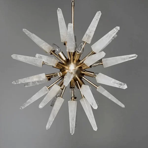 Mid-century inspired Vancouver chandelier, smoked quartz crystals, Warm Silver leaf, 12-light fixture, neutral background.