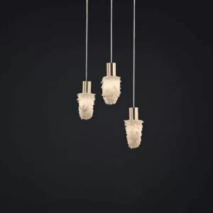 Distant View of 3 Milky Quartz Pendant Lamps Dublin Slim with Warm Silver Leaf Finish and Steel Cables.