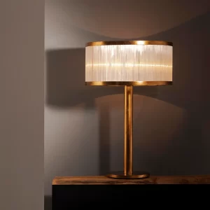 Natural Stone Dubai Table Lamp showcasing intricate selenite rock splinters against a black background.