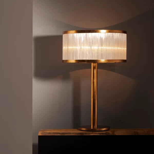 Natural Stone Dubai Table Lamp showcasing intricate selenite rock splinters against a black background.