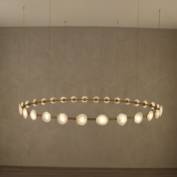 Oslo Artisan Crystal Quartz Round Halo Pendant symmetrical front view showing complete circular halo formation with evenly distributed LED lighting and suspended steel cable system.