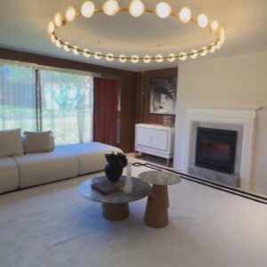 Oslo Quartz Pendant Chandelier - Designer Gold Ring Light Fixture with Frosted Glass Spheres - Luxury Home Lighting.
