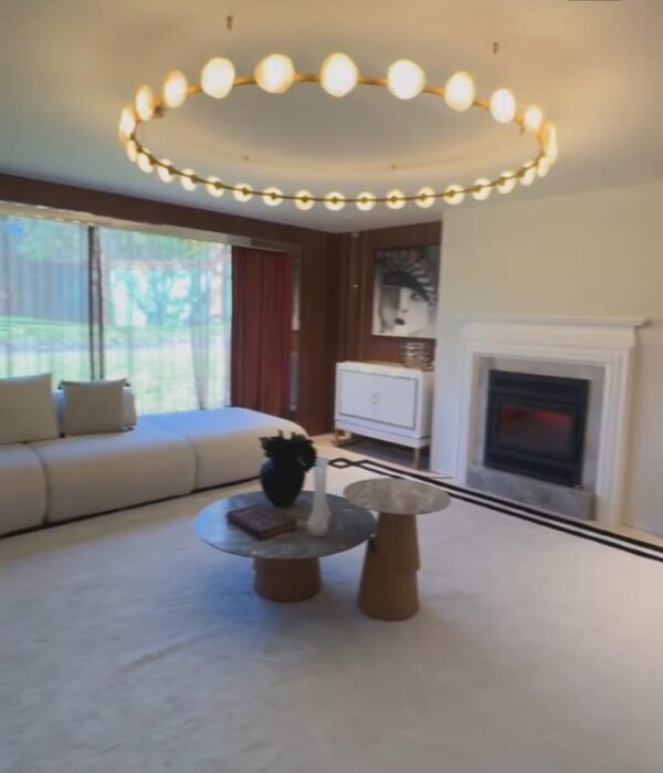 Oslo Quartz Pendant Chandelier - Designer Gold Ring Light Fixture with Frosted Glass Spheres - Luxury Home Lighting.