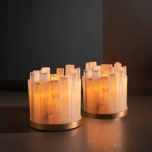 Pair of Alexxa IV Natural Stone Candle Holders in silver leaf finish, displaying their intricate selenite and metal design.