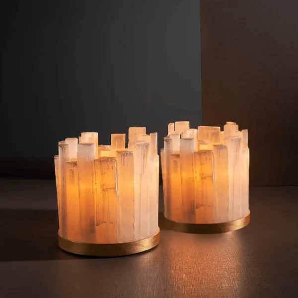 Pair of Alexxa IV Natural Stone Candle Holders in silver leaf finish, displaying their intricate selenite and metal design.