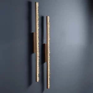 Pair of Quartz LED Wall Lamps Slim 47″ New York with Antique Bronze Finish and White Quartz on Dark Background