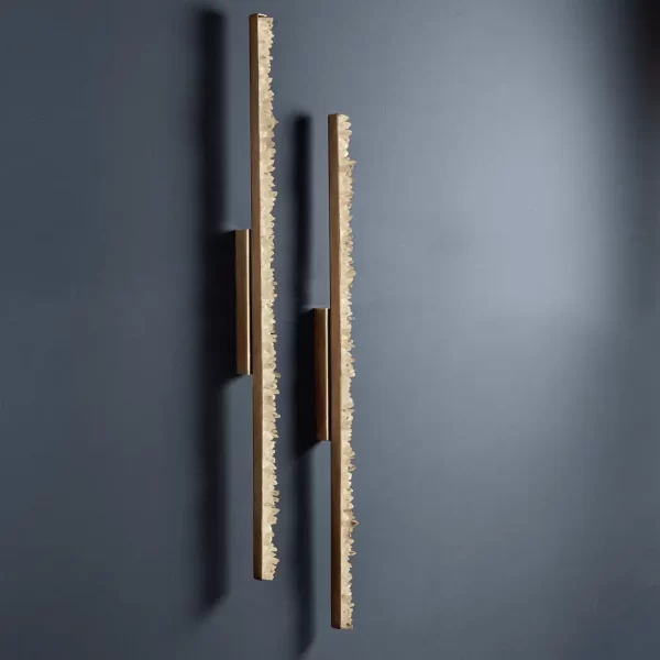 Pair of Quartz LED Wall Lamps Slim 47″ New York with Antique Bronze Finish and White Quartz on Dark Background