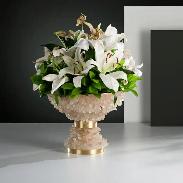 Pedestal Bowl, White Quartz, Desiree, showcasing its handcrafted metal frame with large quartz points, in a luxurious setting.