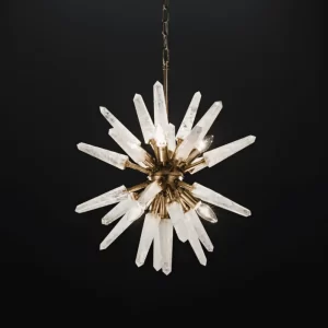 Quartz Chandelier Mini-Vancouver 22″ with Warm Silver Leaf Finish and Illuminated Bulbs on Black Background.