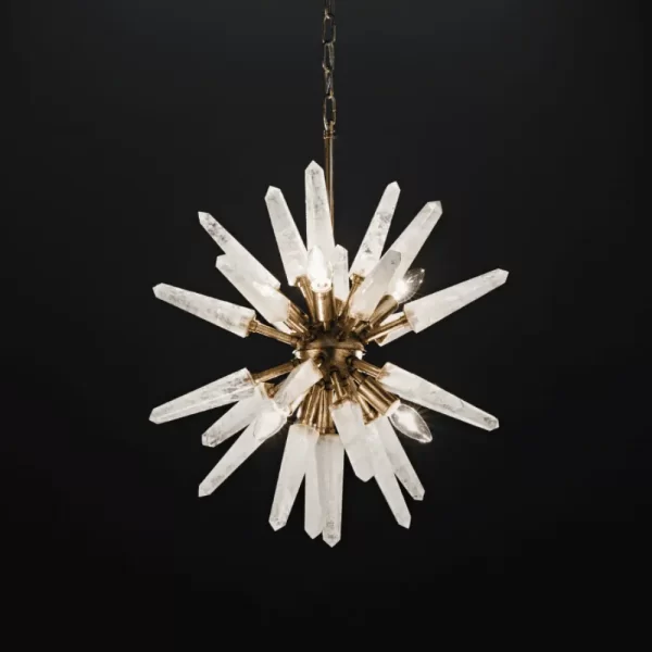 Quartz Chandelier Mini-Vancouver 22″ with Warm Silver Leaf Finish and Illuminated Bulbs on Black Background.