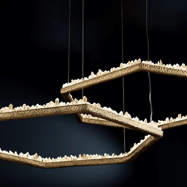 Pair of Quartz Rustic Chandeliers Recife II with Adjustable Steel Cables, Hammered Ceramic Vintage Gold Finish, Black Background