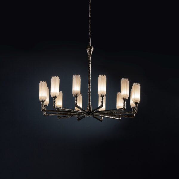 Modern circular selenite chandelier with rustic ceramic finish against a black background.