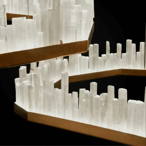 Close-Up of Selenite LED Chandelier San Francisco Pair in Dark Silver Leaf Finish, Studio Shot with Black Background.