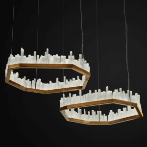 Full View of Selenite LED Chandelier San Francisco Pair in Dark Silver Leaf Finish, Studio Shot with White Background