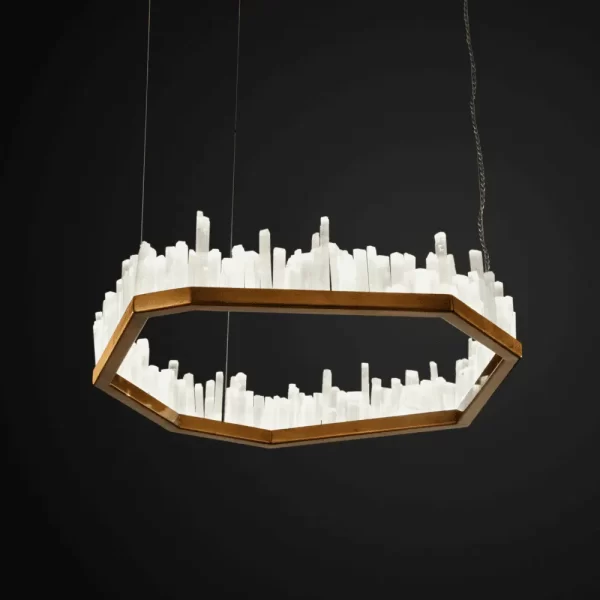 Single Selenite LED Chandelier San Francisco in Dark Silver Leaf Finish, Studio Shot with Black Background