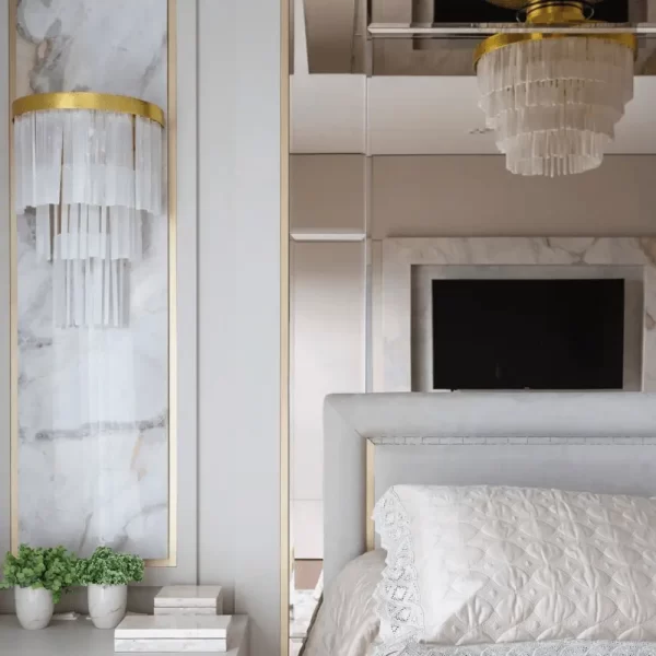 Selenite Wall Sconce London in Gold Leaf Finish on White Granite Wall, Complementing the Grand London Selenite in a Presidential Suite