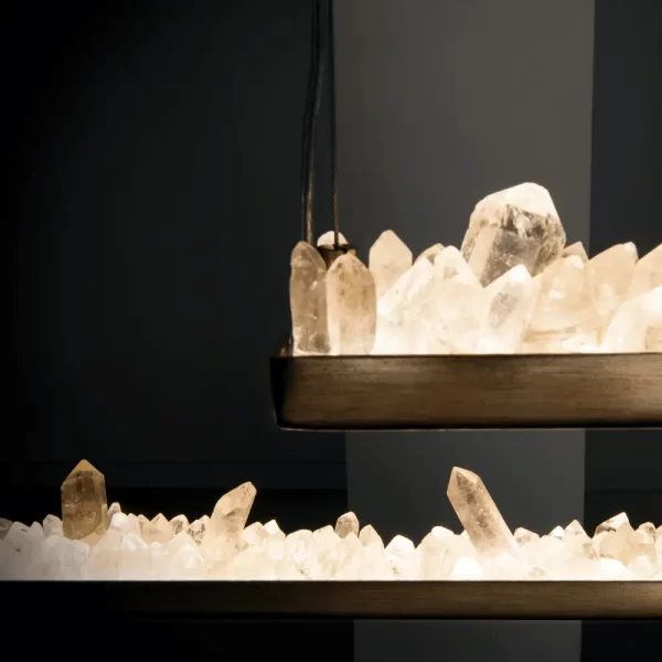 Detailed View of Set of 4 Quartz Pendant LED Lamps New York 36″ with White Quartz and Antique Bronze Finish, Studio Lighting on Black Background.