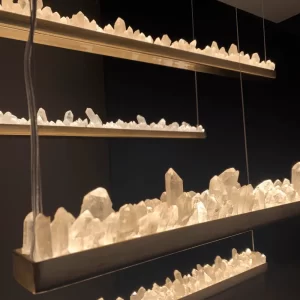 Detailed View of Set of 4 Quartz Pendant LED Lamps New York 36″ with White Quartz and Antique Bronze Finish, Studio Lighting on Black Background