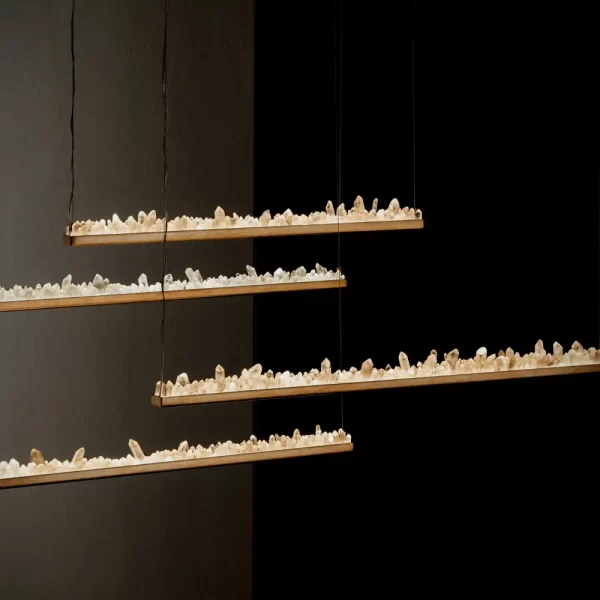 Quartz Pendant LED Lamp New York 36″ in Antique Bronze, Illuminated with White Quartz, Studio Setting