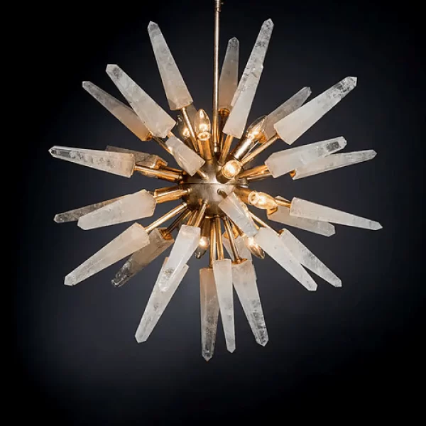 Vancouver quartz Sputnik chandelier, 31.5 inches, 12 E14 bulbs, Gold leaf finish, black background.