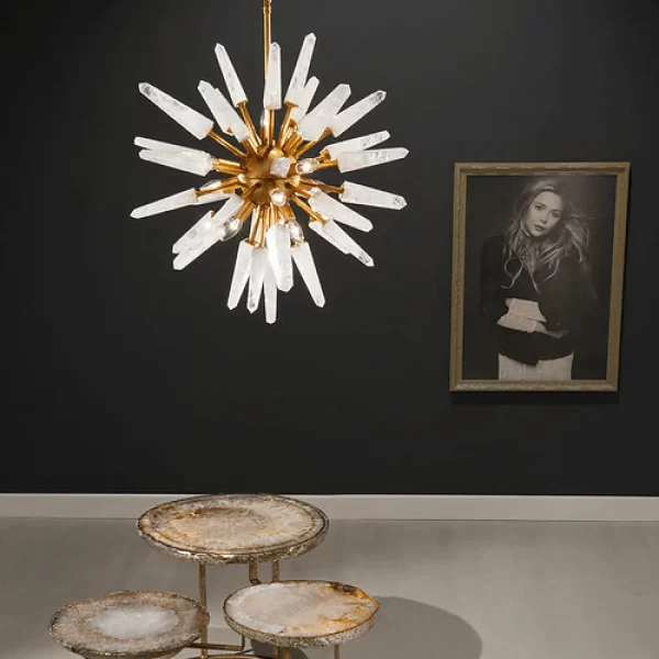 Vancouver Sputnik chandelier illuminating art gallery, brass leaf finish, 800mm width, enhancing modern space.