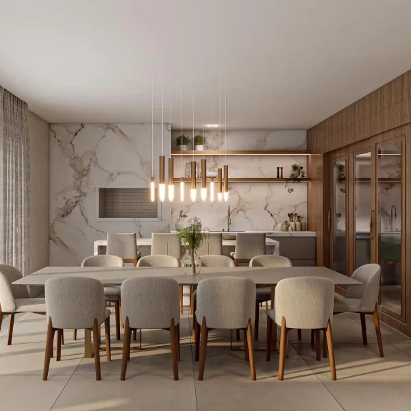 Luxurious set of white quartz with warm gold leaf accents elegantly displayed in a sophisticated dining room, enhancing the ambiance with its opulent design.